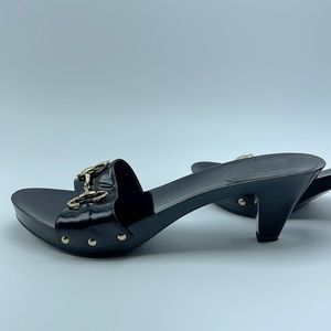 GUCCI Heeled Sandals Black Patent Leather Gold Horsebit